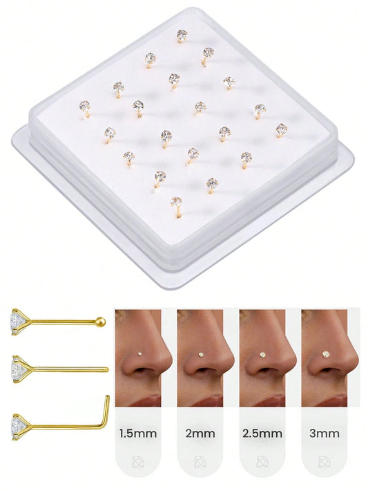20PCS Golden Silvery Thin Nose Studs Set For Women Men 1.5mm-4mm Shiny CZ Nose Pins With L Shape, Straight, And Ball End – Nose Piercing Jewelry Case