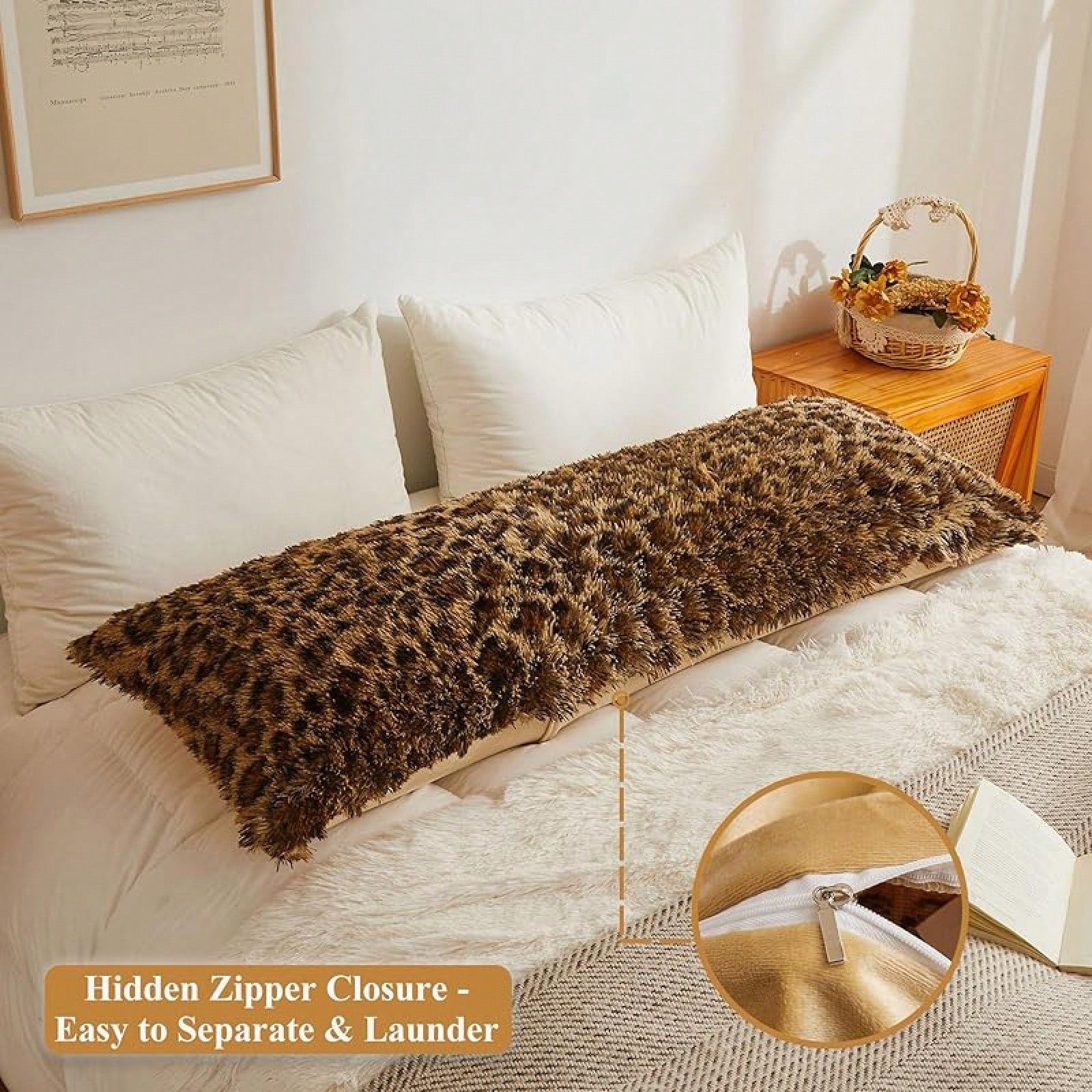 20x54 Fluffy Cheetah Print Body Pillow Cover, Leopard Print Plush Fuzzy Faux Fur Body Pillowcase With Zipper, Farmhouse Shaggy Furry Long Pillow Cover Side Sleepers, Pink