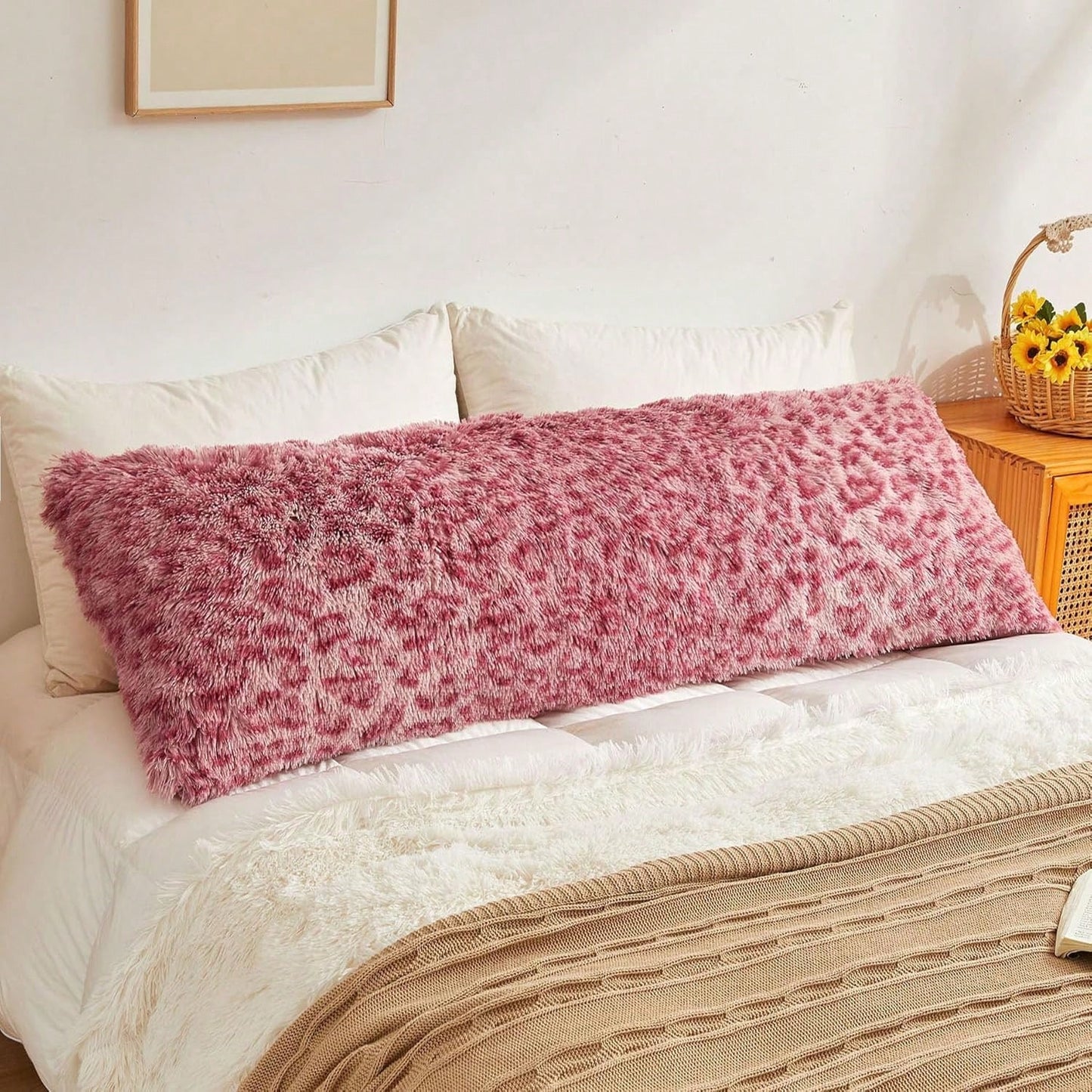 20x54 Fluffy Cheetah Print Body Pillow Cover, Leopard Print Plush Fuzzy Faux Fur Body Pillowcase With Zipper, Farmhouse Shaggy Furry Long Pillow Cover Side Sleepers, Pink