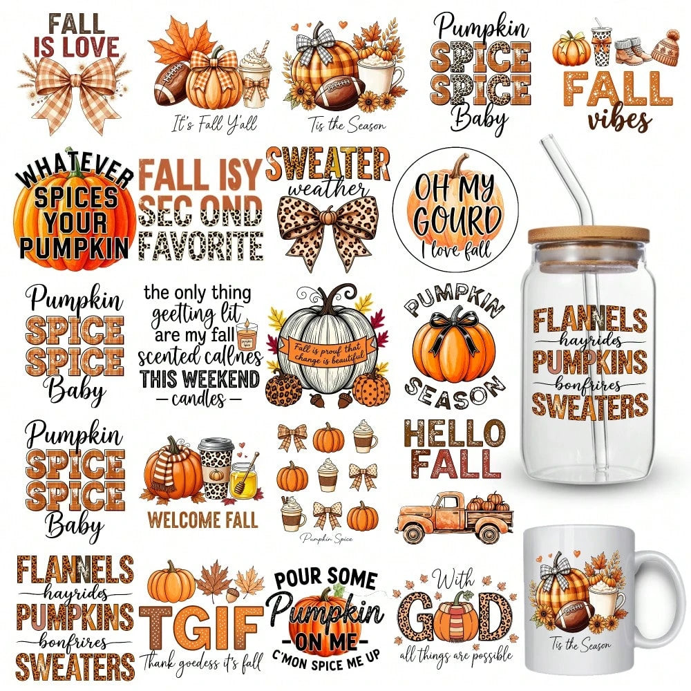 21 Pcs Fall Phrases UV DTF Stickers Cups Decoration Waterproof Decals For 16 Oz Tumbler Plastic Self-Adhesive Labels Glass DTF Transfer Stickers