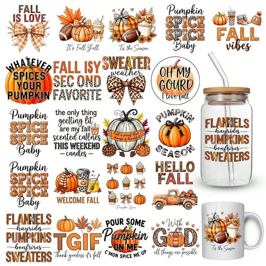 21 Pcs Fall Phrases UV DTF Stickers Cups Decoration Waterproof Decals For 16 Oz Tumbler Plastic Self-Adhesive Labels Glass DTF Transfer Stickers