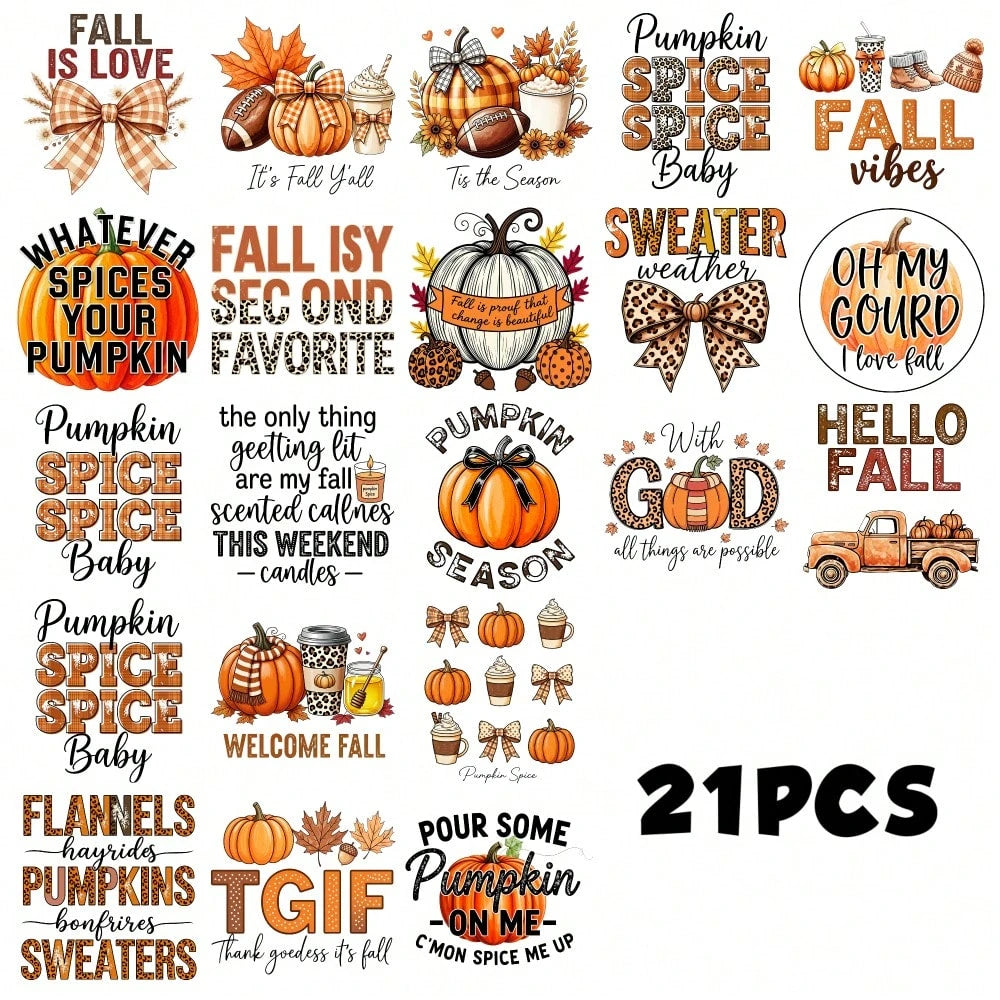 21 Pcs Fall Phrases UV DTF Stickers Cups Decoration Waterproof Decals For 16 Oz Tumbler Plastic Self-Adhesive Labels Glass DTF Transfer Stickers