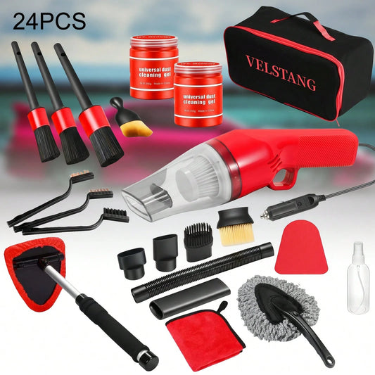 22-Piece Red Car Cleaning & Maintenance Kit, High-Power Handheld Vacuum Cleaner, Full Interior Detailing Tools With Cleaning Brushes, Glass Cleaner And Cleaning Gel, Premium Car Care Accessories, Perf
