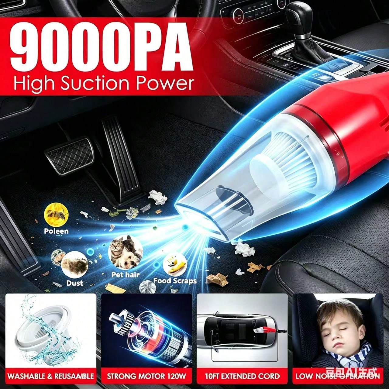 22-Piece Red Car Cleaning & Maintenance Kit, High-Power Handheld Vacuum Cleaner, Full Interior Detailing Tools With Cleaning Brushes, Glass Cleaner And Cleaning Gel, Premium Car Care Accessories, Perf