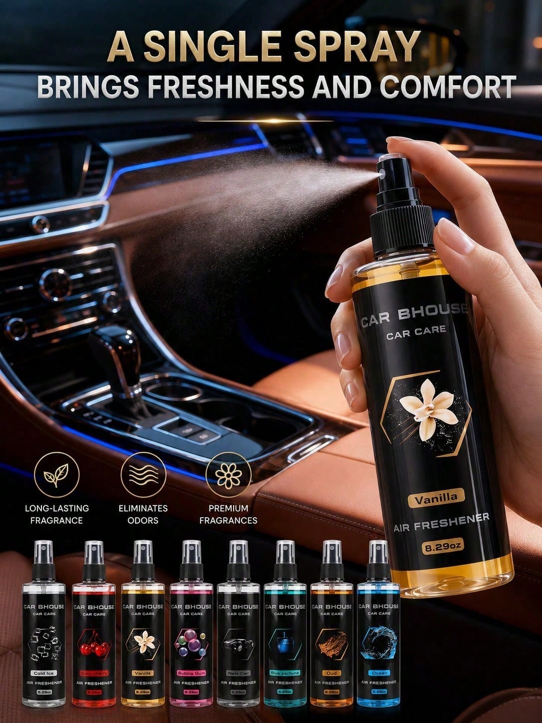 245ml Large Capacity Floral & Fruity Scented Car Air Freshener Spray, Long-Lasting Fragrance, Odor Eliminator & Air Purifier For Car, Home, Bathroom, Bedroom, Hotel, Office, Multi-Purpose Aromatic Dif
