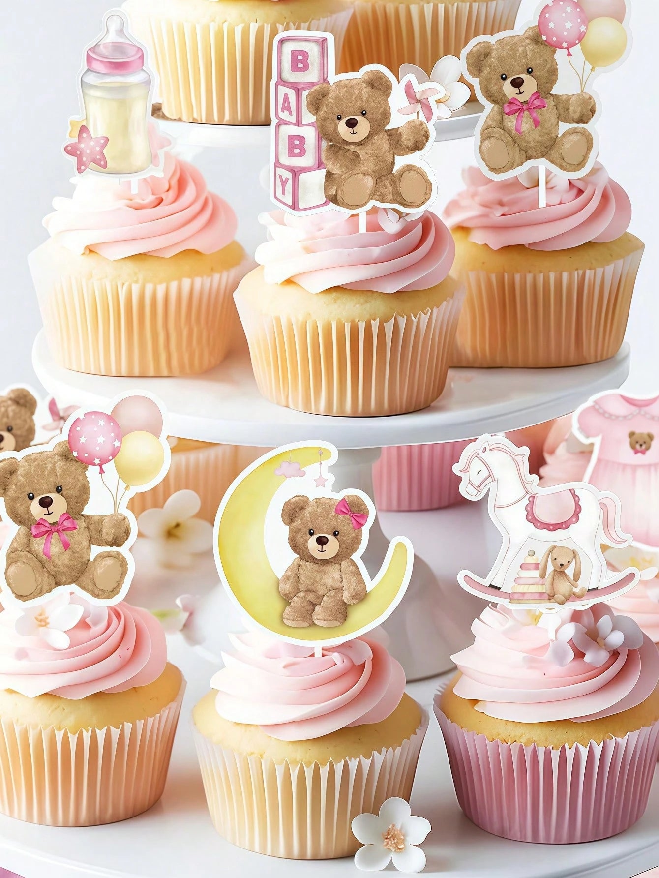 24PCS Baby Shower Bear Cupcake Toppers,Baby Party Supplies,Birthday Decorations,Selection Baby Bear Theme Baby Shower Decorative Supplies Jungle Animal Theme Baby Shower Birthday Party Cake Decorative