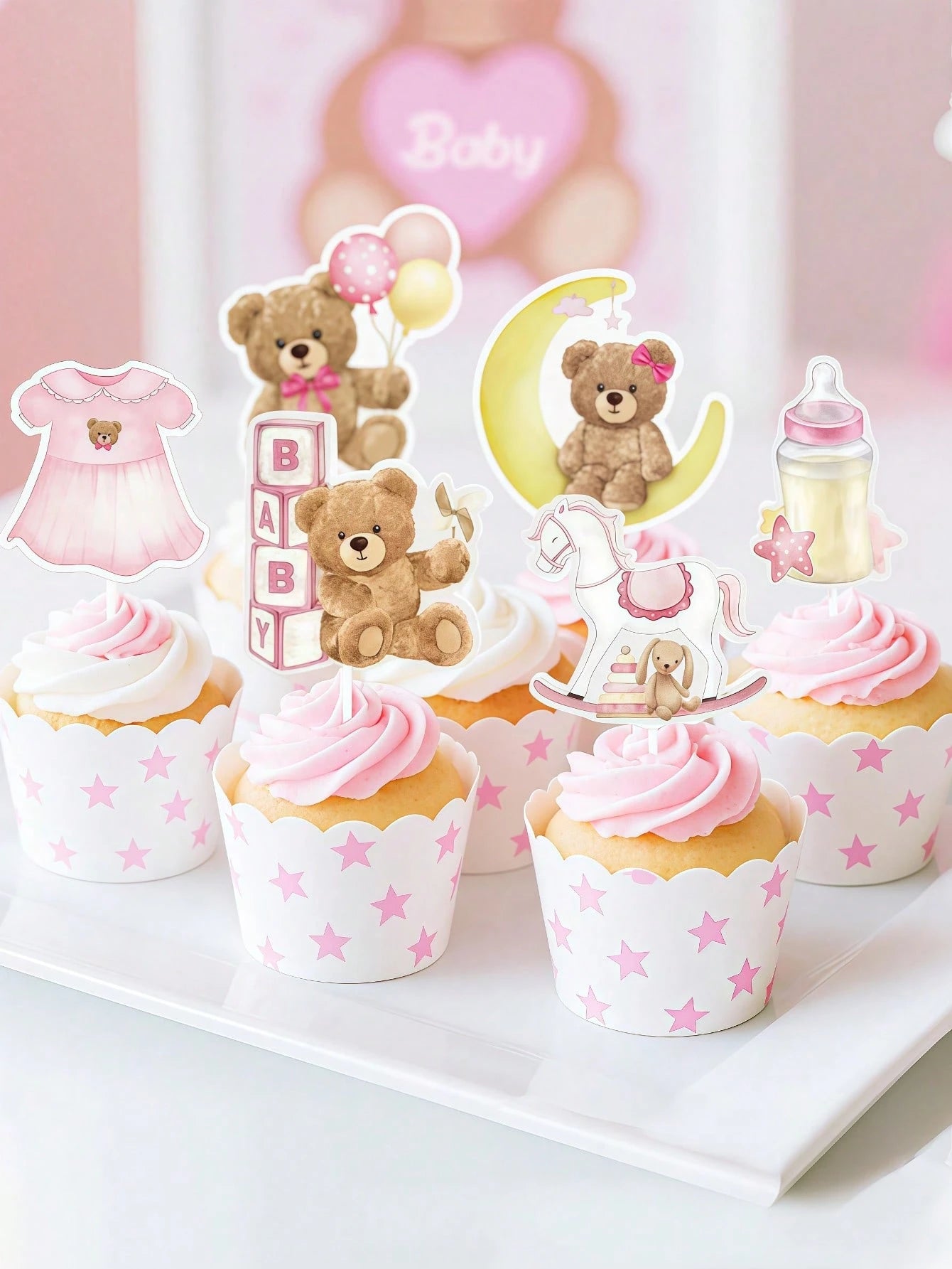 24PCS Baby Shower Bear Cupcake Toppers,Baby Party Supplies,Birthday Decorations,Selection Baby Bear Theme Baby Shower Decorative Supplies Jungle Animal Theme Baby Shower Birthday Party Cake Decorative