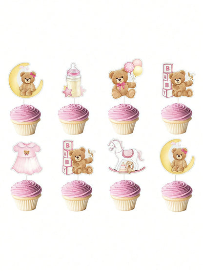 24PCS Baby Shower Bear Cupcake Toppers,Baby Party Supplies,Birthday Decorations,Selection Baby Bear Theme Baby Shower Decorative Supplies Jungle Animal Theme Baby Shower Birthday Party Cake Decorative