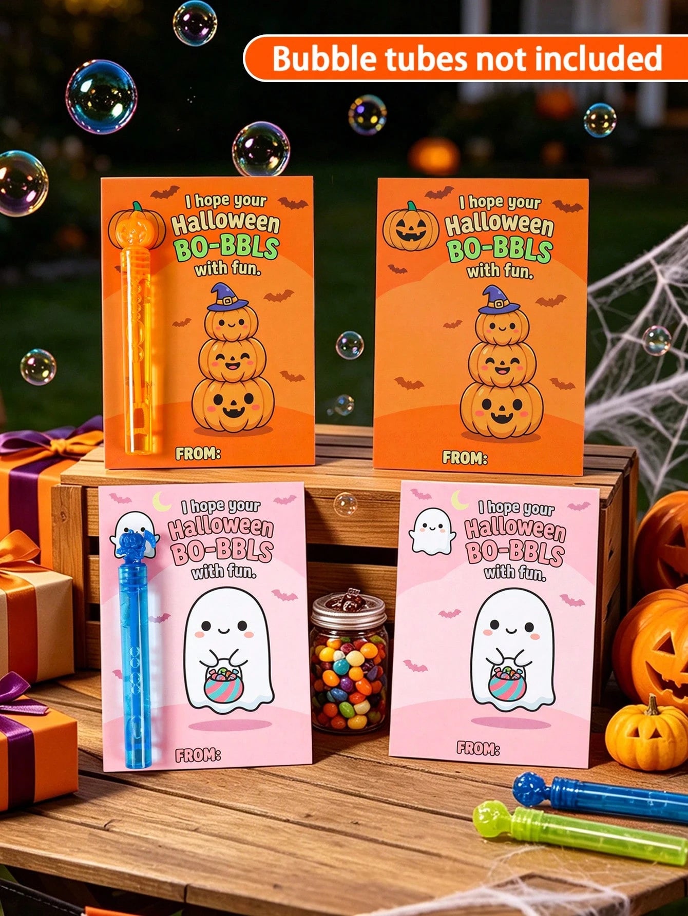 24pcs Halloween Party Gift Bubble Tube Decoration Cards (Bubble Tubes Not Included), Halloween Party Gift Bag Fillers, Halloween Gift Packaging, Trick Or Treat Candy Bags, Halloween Party Decoration G