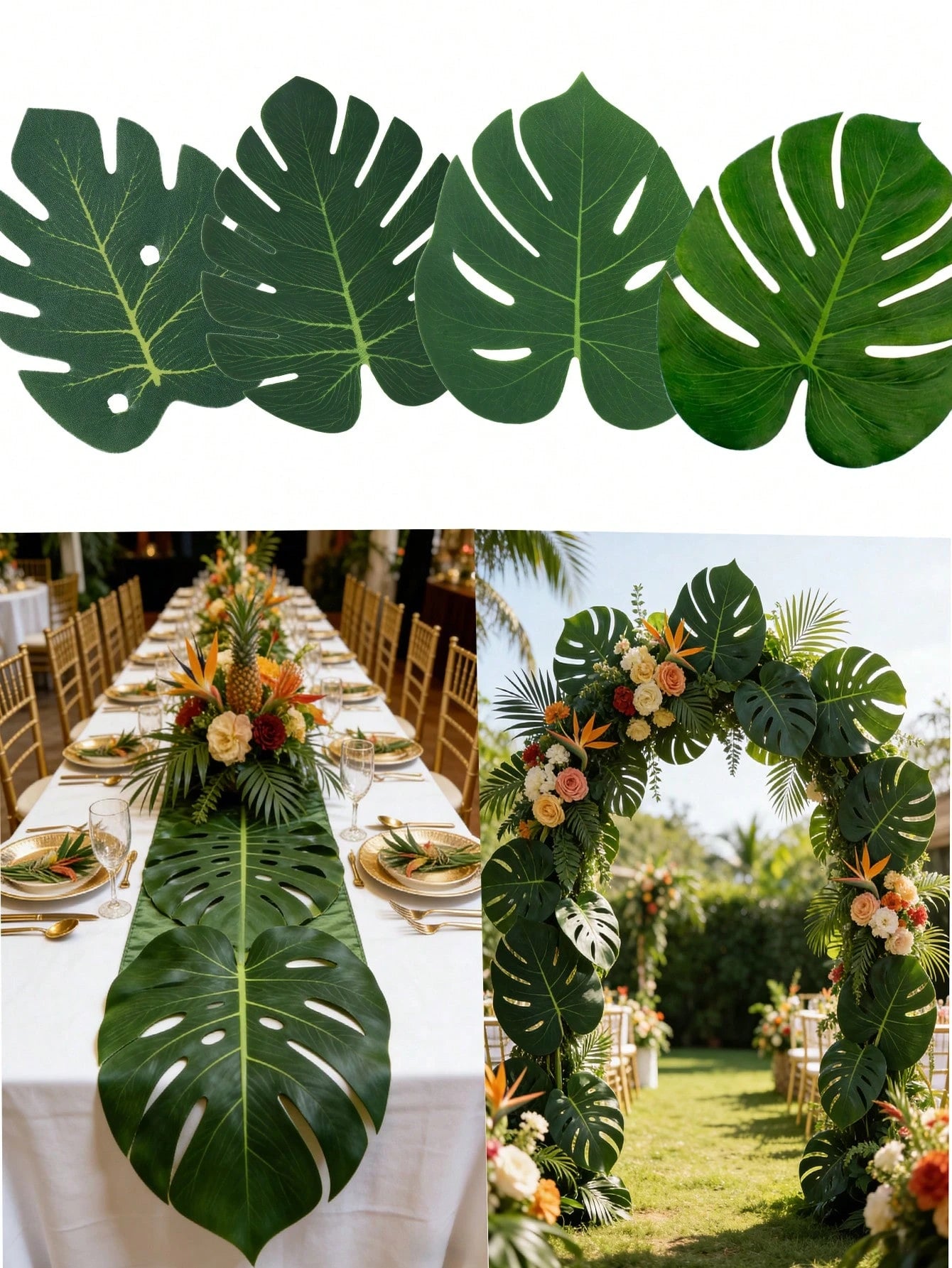 24pcs Tropical Palm Leaves & Hibiscus Flowers, Tropical Palm Leaf Table Runner Artificial Leaves Tablecloth For Wedding, Hawaiian Luau, Tropical Jungle Party, Baby Shower, 1st Birthday Tropical Animal
