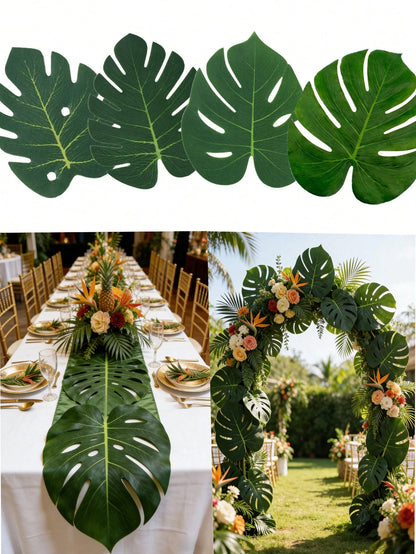 24pcs Tropical Palm Leaves & Hibiscus Flowers, Tropical Palm Leaf Table Runner Artificial Leaves Tablecloth For Wedding, Hawaiian Luau, Tropical Jungle Party, Baby Shower, 1st Birthday Tropical Animal
