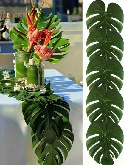 24pcs Tropical Palm Leaves & Hibiscus Flowers, Tropical Palm Leaf Table Runner Artificial Leaves Tablecloth For Wedding, Hawaiian Luau, Tropical Jungle Party, Baby Shower, 1st Birthday Tropical Animal
