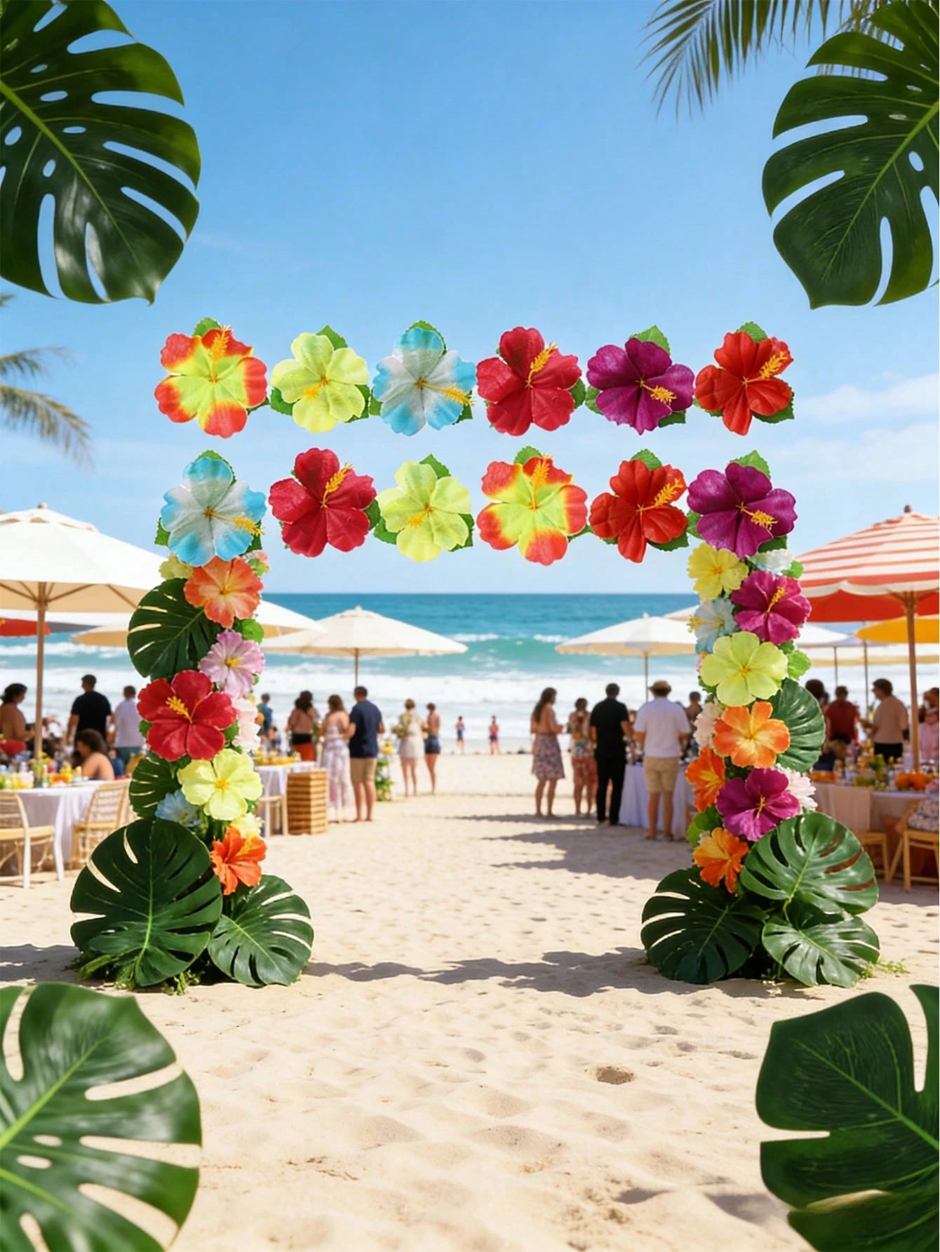 24pcs Tropical Palm Leaves & Hibiscus Flowers, Tropical Palm Leaf Table Runner Artificial Leaves Tablecloth For Wedding, Hawaiian Luau, Tropical Jungle Party, Baby Shower, 1st Birthday Tropical Animal