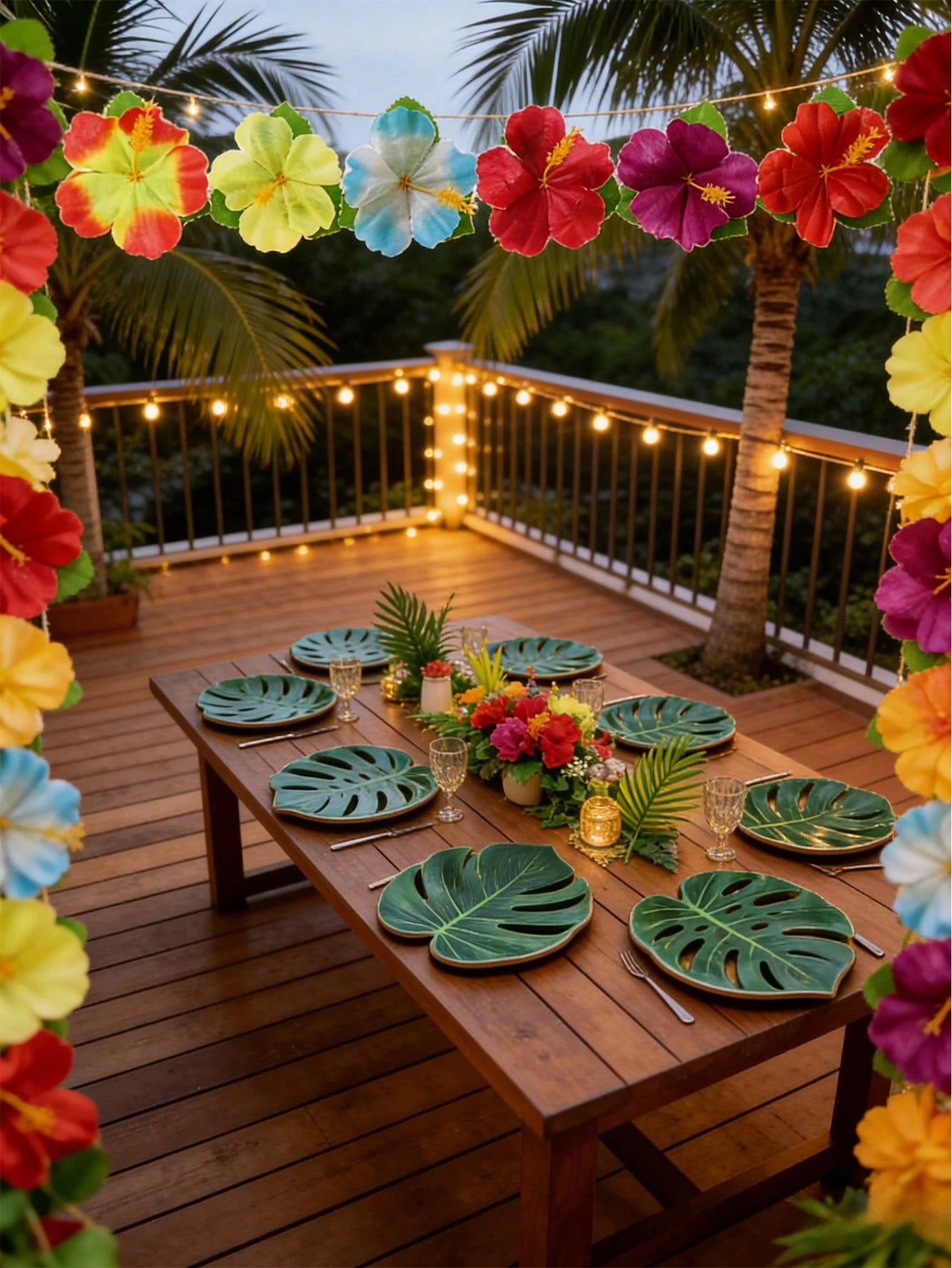 24pcs Tropical Palm Leaves & Hibiscus Flowers, Tropical Palm Leaf Table Runner Artificial Leaves Tablecloth For Wedding, Hawaiian Luau, Tropical Jungle Party, Baby Shower, 1st Birthday Tropical Animal