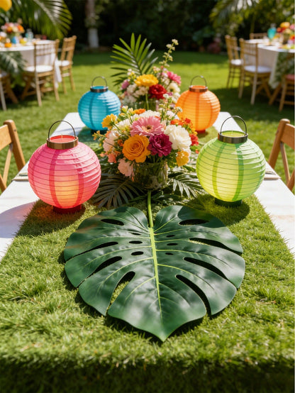 24pcs Tropical Palm Leaves & Hibiscus Flowers, Tropical Palm Leaf Table Runner Artificial Leaves Tablecloth For Wedding, Hawaiian Luau, Tropical Jungle Party, Baby Shower, 1st Birthday Tropical Animal