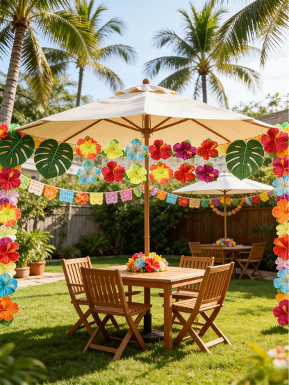 24pcs Tropical Palm Leaves & Hibiscus Flowers, Tropical Palm Leaf Table Runner Artificial Leaves Tablecloth For Wedding, Hawaiian Luau, Tropical Jungle Party, Baby Shower, 1st Birthday Tropical Animal