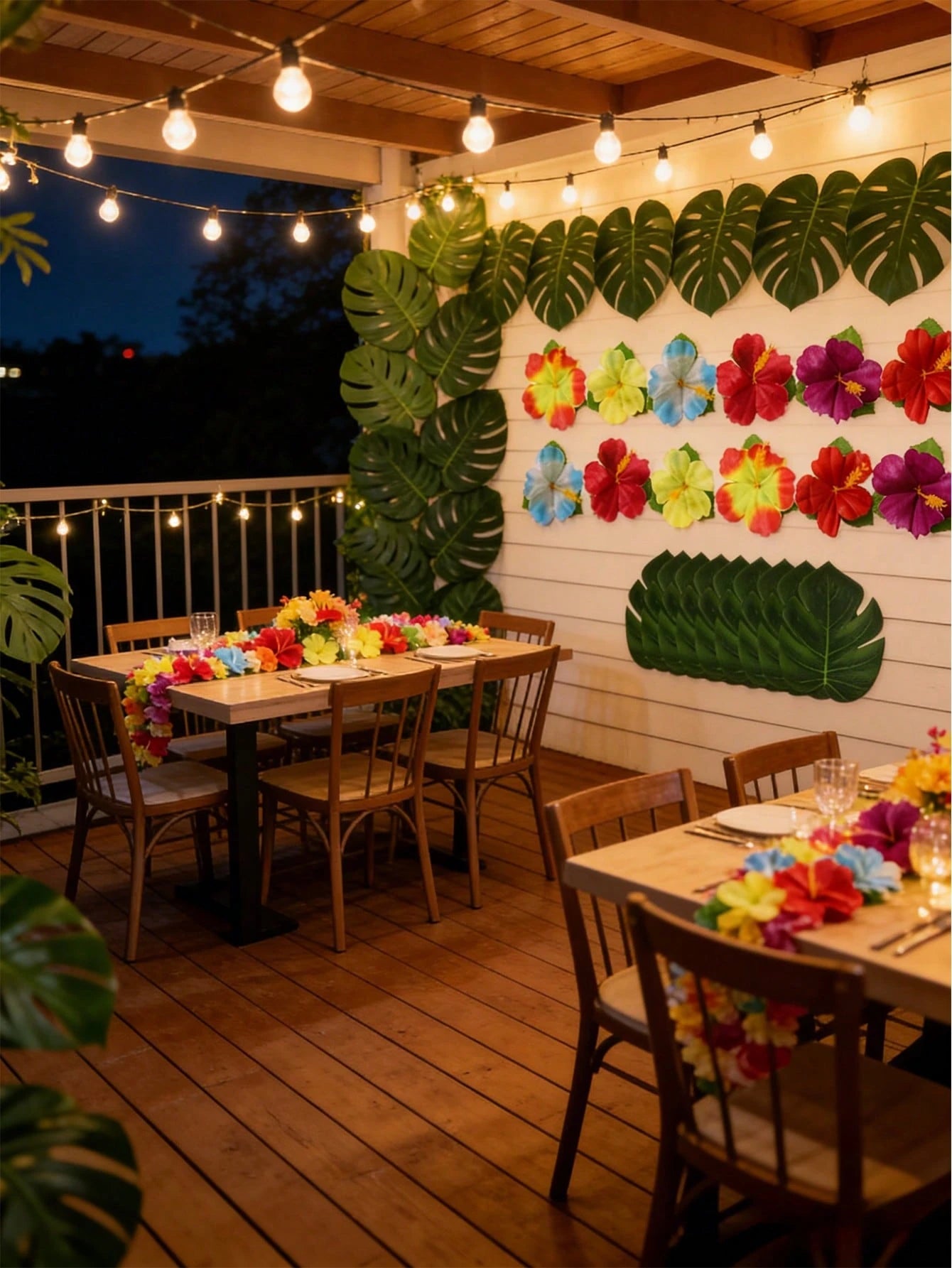 24pcs Tropical Palm Leaves & Hibiscus Flowers, Tropical Palm Leaf Table Runner Artificial Leaves Tablecloth For Wedding, Hawaiian Luau, Tropical Jungle Party, Baby Shower, 1st Birthday Tropical Animal