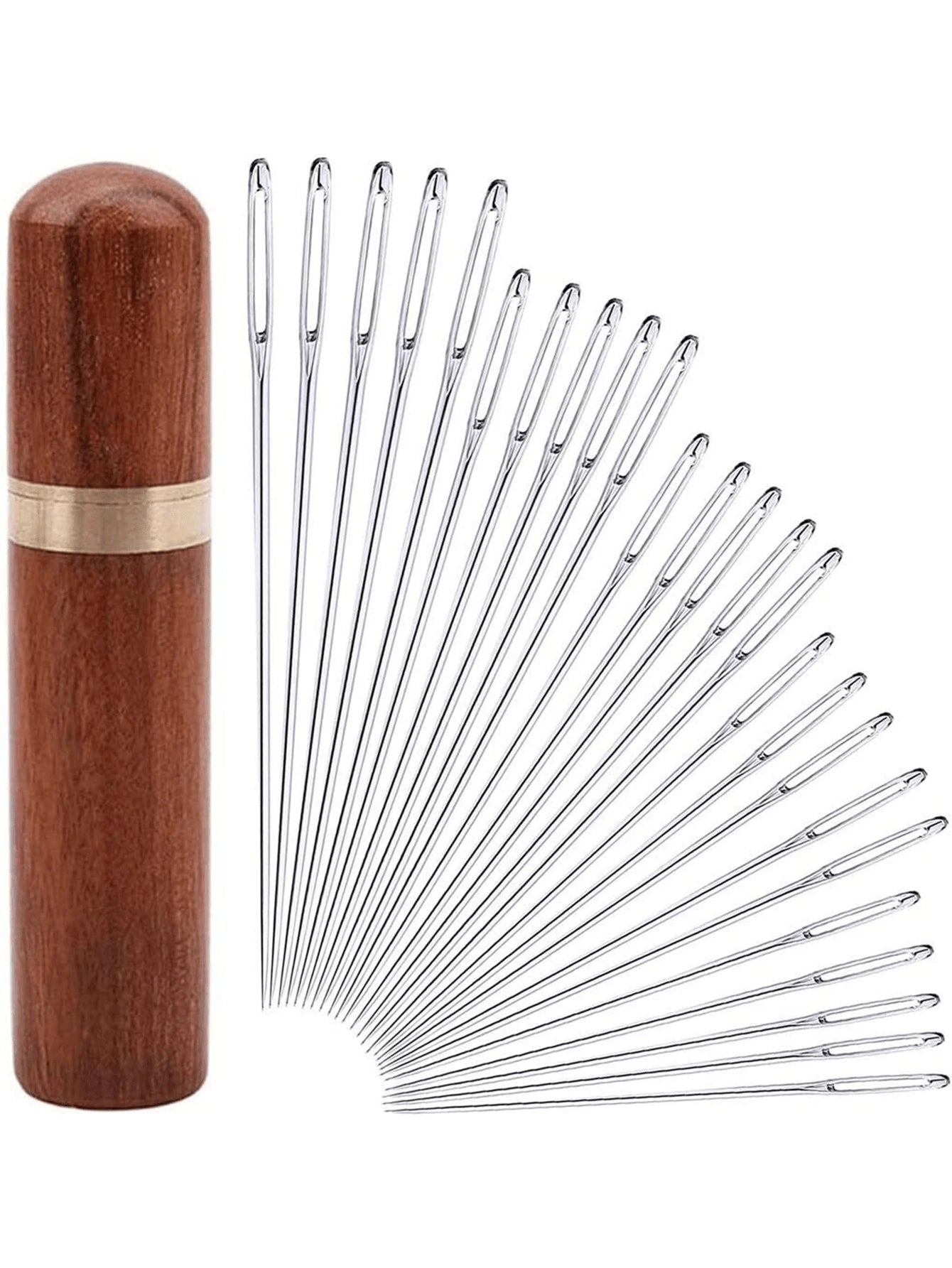 25pcs Big Eye Hand Sewing Needles Set- Cross Stitch, Leather & Embroidery Needles, Wooden Storage Box Included