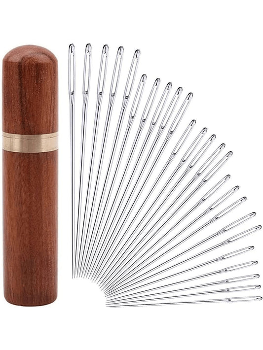 25pcs Big Eye Hand Sewing Needles Set- Cross Stitch, Leather & Embroidery Needles, Wooden Storage Box Included