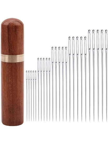25pcs Big Eye Hand Sewing Needles Set- Cross Stitch, Leather & Embroidery Needles, Wooden Storage Box Included