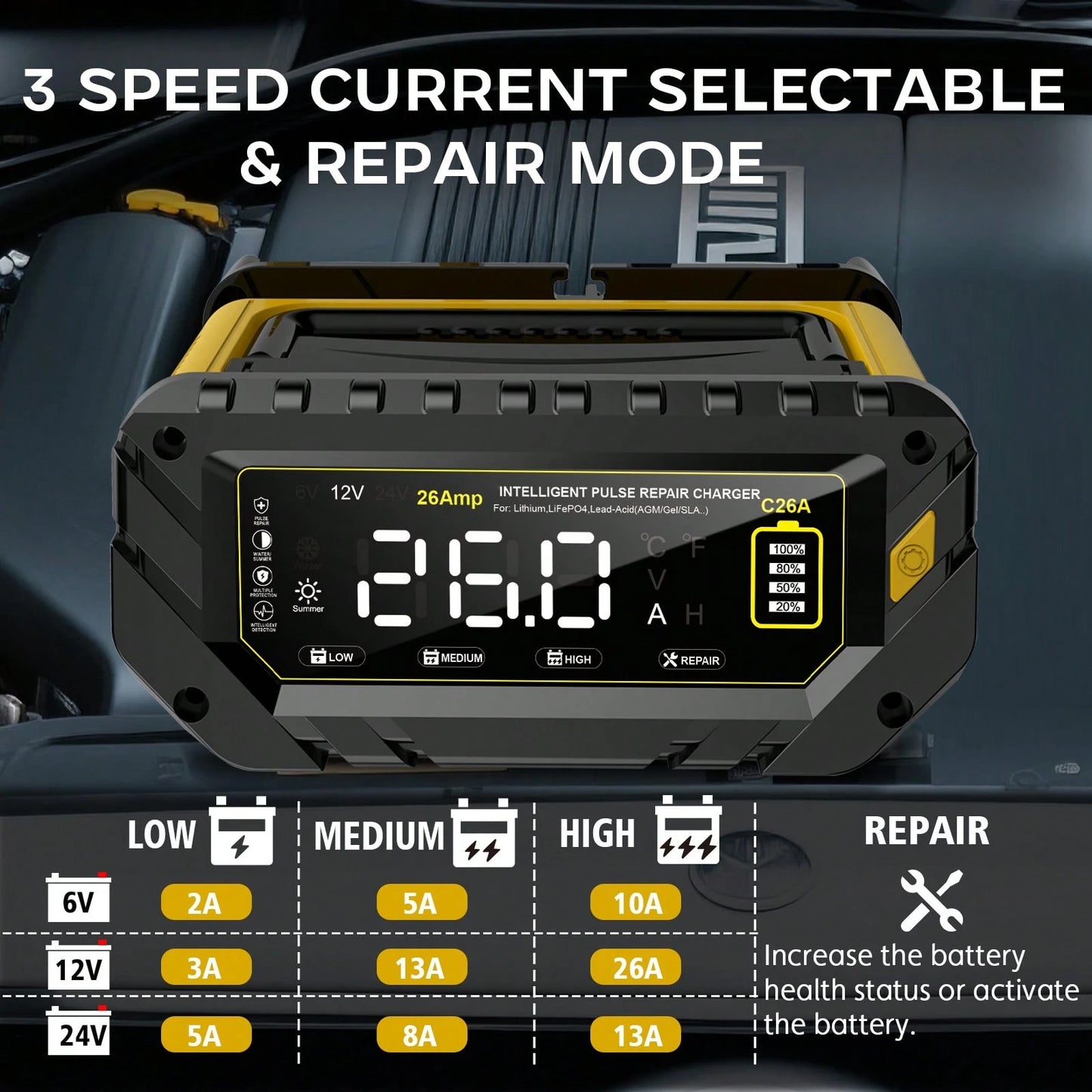 26-Amp Battery Charger,6V/12V/24V Car Battery Charger & Maintainer,Trickle Charger For Lithium LiFePo4 Lead Acid (AGM/Gel/SLA...),Smart Deep Cydle Charger For Motorcycle Lawn Mower And Marine...