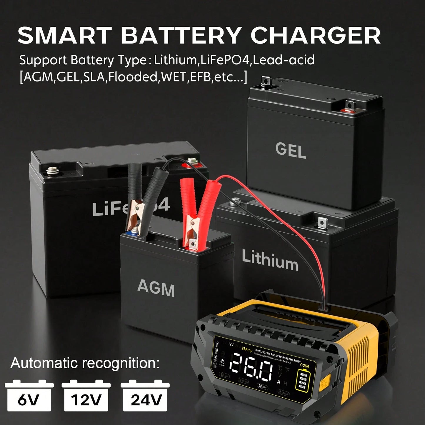 26-Amp Battery Charger,6V/12V/24V Car Battery Charger & Maintainer,Trickle Charger For Lithium LiFePo4 Lead Acid (AGM/Gel/SLA...),Smart Deep Cydle Charger For Motorcycle Lawn Mower And Marine...