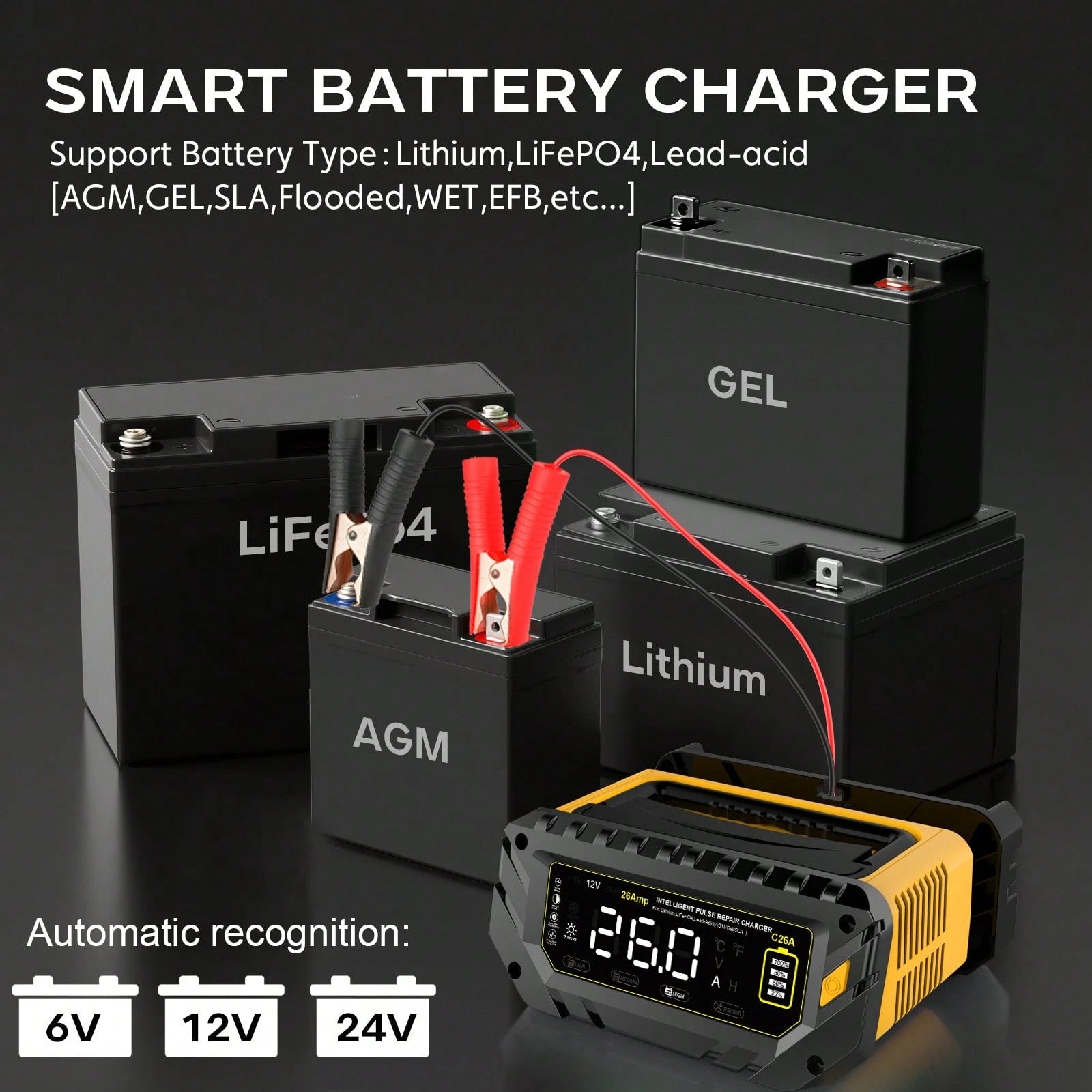 26-Amp Battery Charger,6V/12V/24V Car Battery Charger & Maintainer,Trickle Charger For Lithium LiFePo4 Lead Acid (AGM/Gel/SLA...),Smart Deep Cydle Charger For Motorcycle Lawn Mower And Marine...