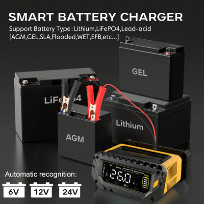 26-Amp Battery Charger,6V/12V/24V Car Battery Charger & Maintainer,Trickle Charger For Lithium LiFePo4 Lead Acid (AGM/Gel/SLA...),Smart Deep Cydle Charger For Motorcycle Lawn Mower And Marine...