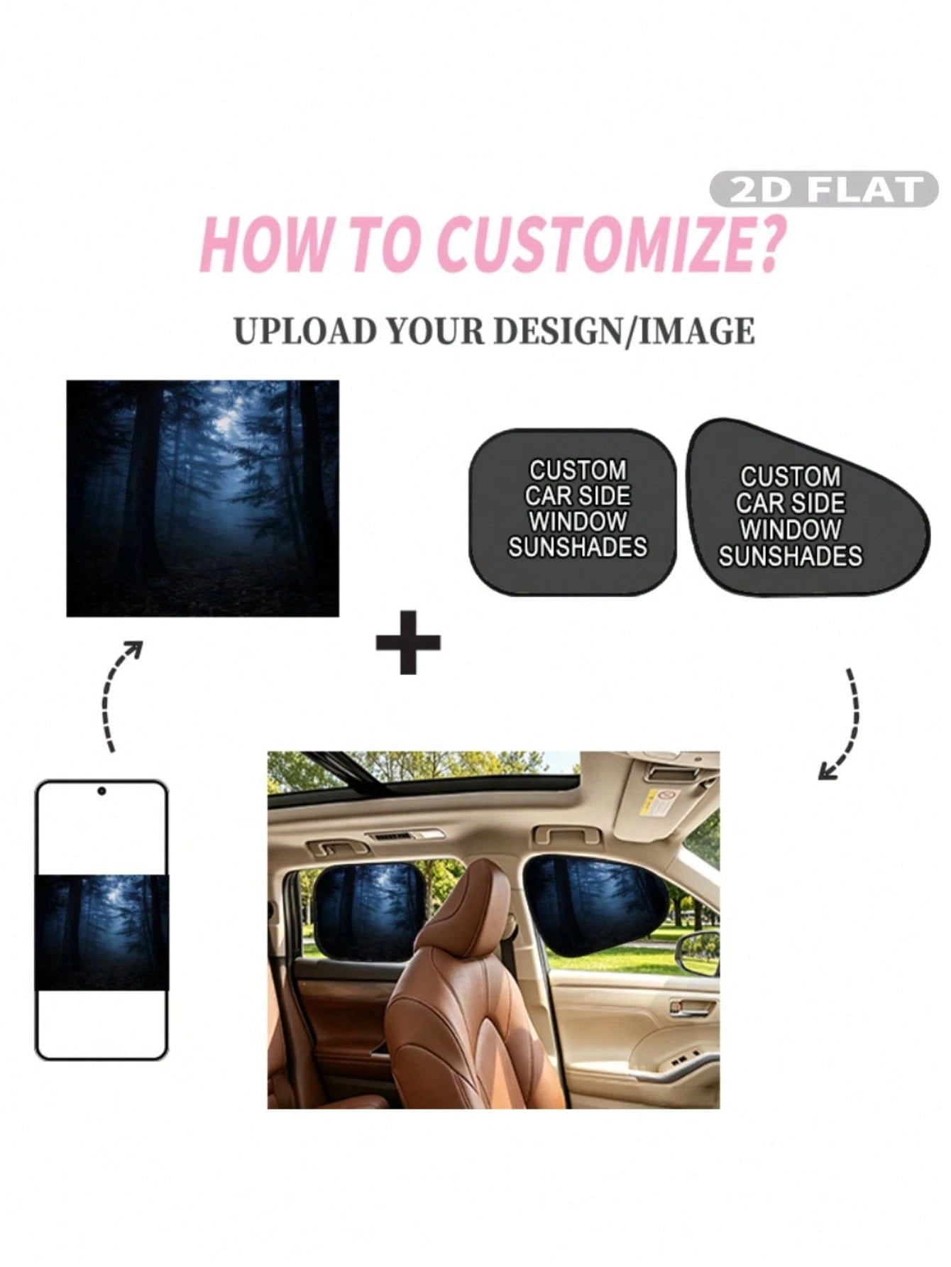 2D FLAT 4pcs Personalized Car Side Window Sunshades With 8 Suction Cups, Add Your Image/ Photo/ Design, Car Side Window Blackout Curtains, Reducing Direct Sunlight, Creating A Comfortable Riding Envir