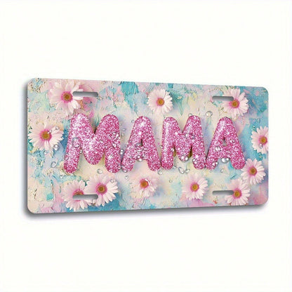2D Flat Design For Decorative Purposes Only, License Plate Cover And Frame Specially Designed For Men And Women. 6X 12inch Aluminum License Plate With A Shiny Pink Sunflower And "MAMA" Letter Design
