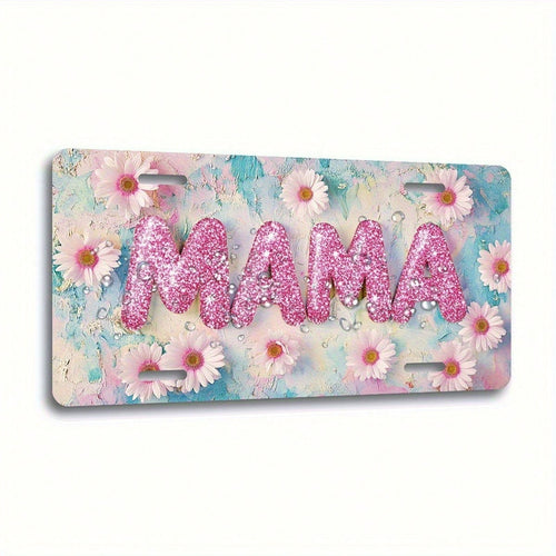 2D Flat Design For Decorative Purposes Only, License Plate Cover And Frame Specially Designed For Men And Women. 6X 12inch Aluminum License Plate With A Shiny Pink Sunflower And "MAMA" Letter Design