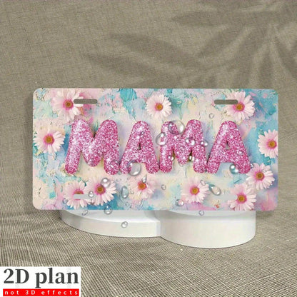 2D Flat Design For Decorative Purposes Only, License Plate Cover And Frame Specially Designed For Men And Women. 6X 12inch Aluminum License Plate With A Shiny Pink Sunflower And "MAMA" Letter Design