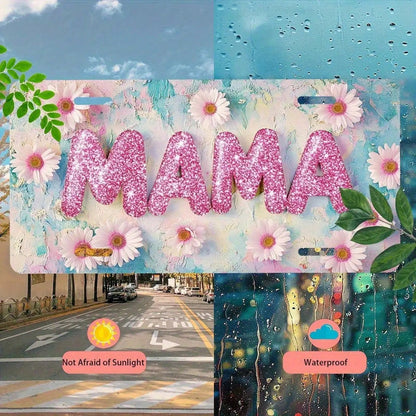 2D Flat Design For Decorative Purposes Only, License Plate Cover And Frame Specially Designed For Men And Women. 6X 12inch Aluminum License Plate With A Shiny Pink Sunflower And "MAMA" Letter Design