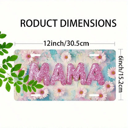 2D Flat Design For Decorative Purposes Only, License Plate Cover And Frame Specially Designed For Men And Women. 6X 12inch Aluminum License Plate With A Shiny Pink Sunflower And "MAMA" Letter Design