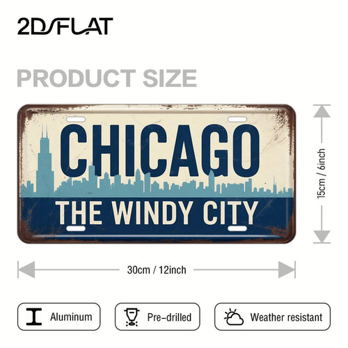 2D Plane- 1 Piece 2D Plane Vintage Aluminum License Plate| Chicago Theme Chicago Windy City & City Skyline Pattern, 12'''', Vintage Decor, Restaurant, Home, Terrace Decoration, Decorative Use Only