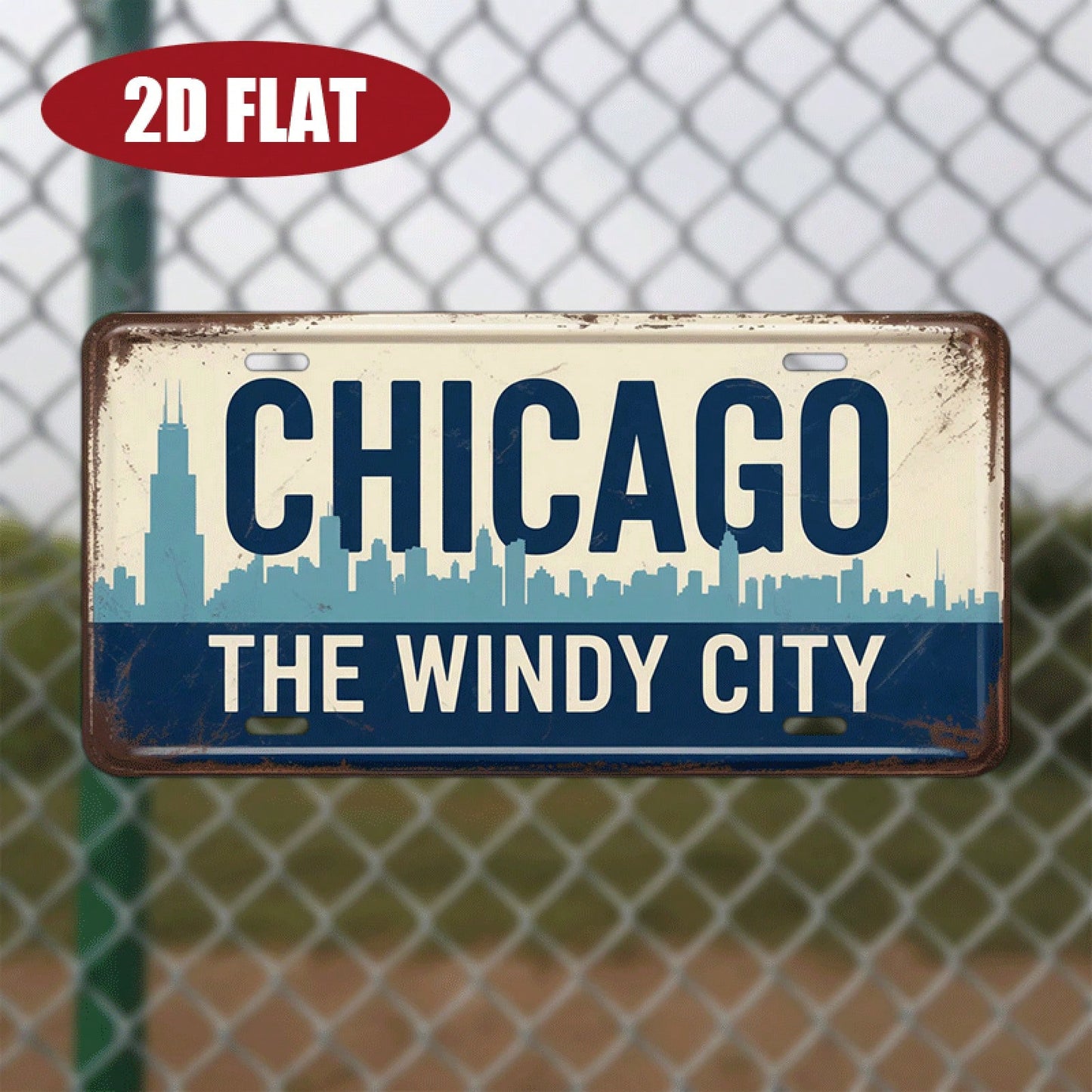 2D Plane- 1 Piece 2D Plane Vintage Aluminum License Plate| Chicago Theme Chicago Windy City & City Skyline Pattern, 12'''', Vintage Decor, Restaurant, Home, Terrace Decoration, Decorative Use Only