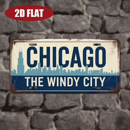 2D Plane- 1 Piece 2D Plane Vintage Aluminum License Plate| Chicago Theme Chicago Windy City & City Skyline Pattern, 12'''', Vintage Decor, Restaurant, Home, Terrace Decoration, Decorative Use Only