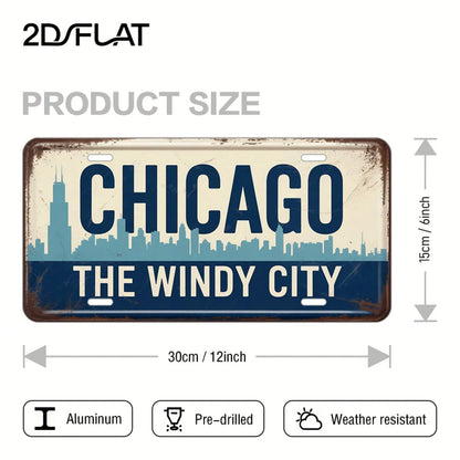 2D Plane- 1 Piece 2D Plane Vintage Aluminum License Plate| Chicago Theme Chicago Windy City & City Skyline Pattern, 12'''', Vintage Decor, Restaurant, Home, Terrace Decoration, Decorative Use Only