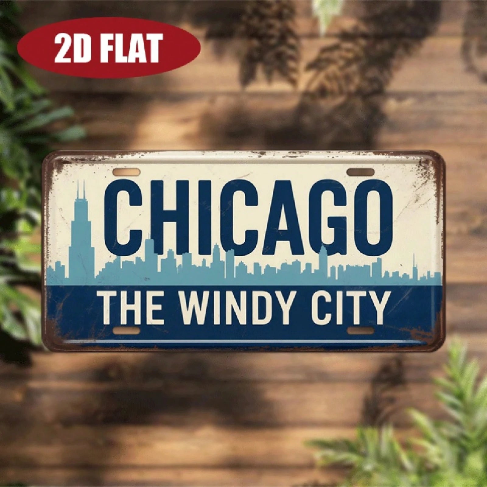 2D Plane- 1 Piece 2D Plane Vintage Aluminum License Plate| Chicago Theme Chicago Windy City & City Skyline Pattern, 12'''', Vintage Decor, Restaurant, Home, Terrace Decoration, Decorative Use Only