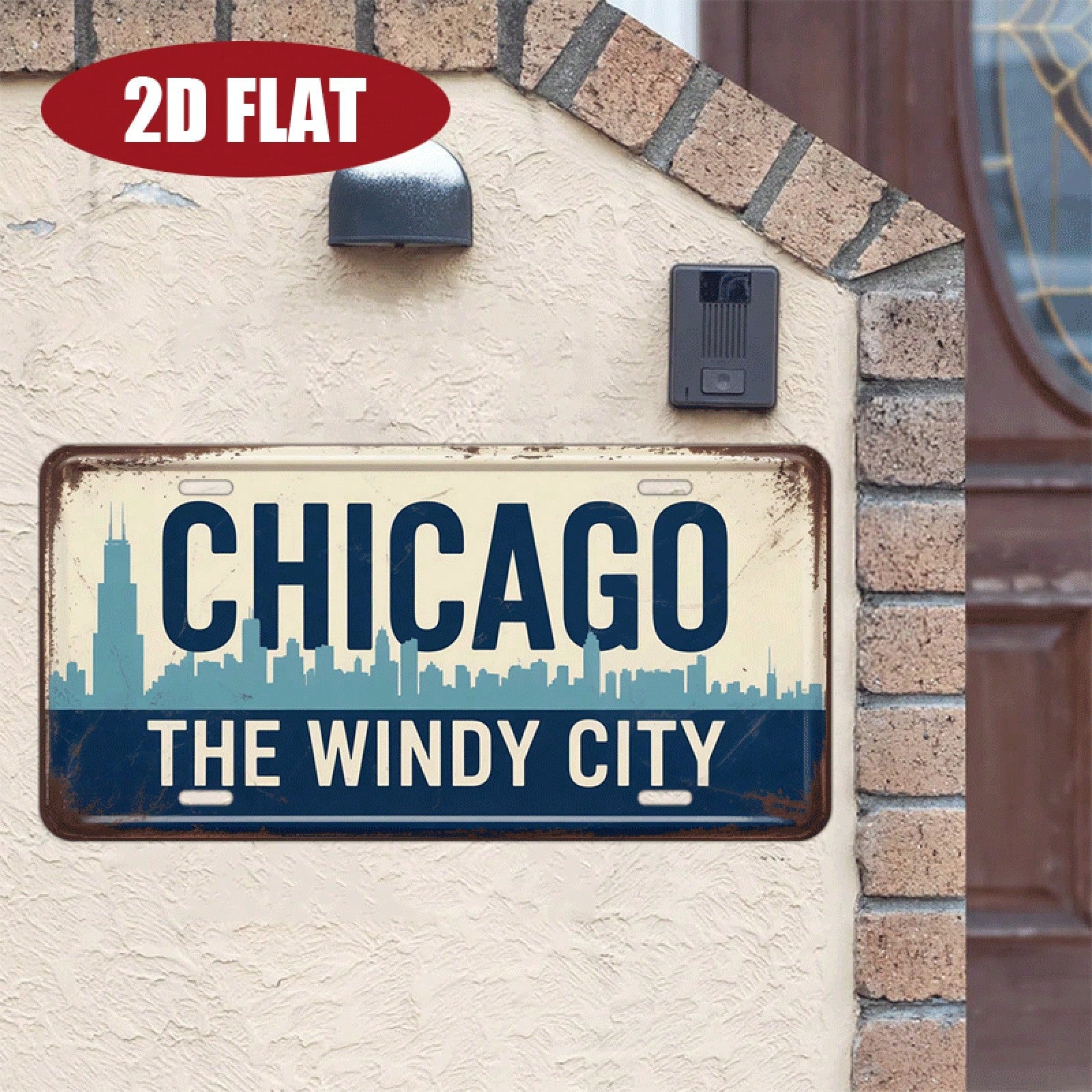 2D Plane- 1 Piece 2D Plane Vintage Aluminum License Plate| Chicago Theme Chicago Windy City & City Skyline Pattern, 12'''', Vintage Decor, Restaurant, Home, Terrace Decoration, Decorative Use Only