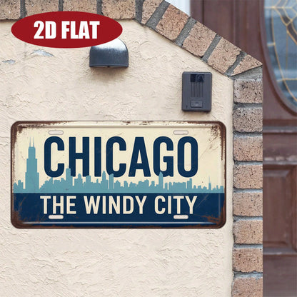 2D Plane- 1 Piece 2D Plane Vintage Aluminum License Plate| Chicago Theme Chicago Windy City & City Skyline Pattern, 12'''', Vintage Decor, Restaurant, Home, Terrace Decoration, Decorative Use Only