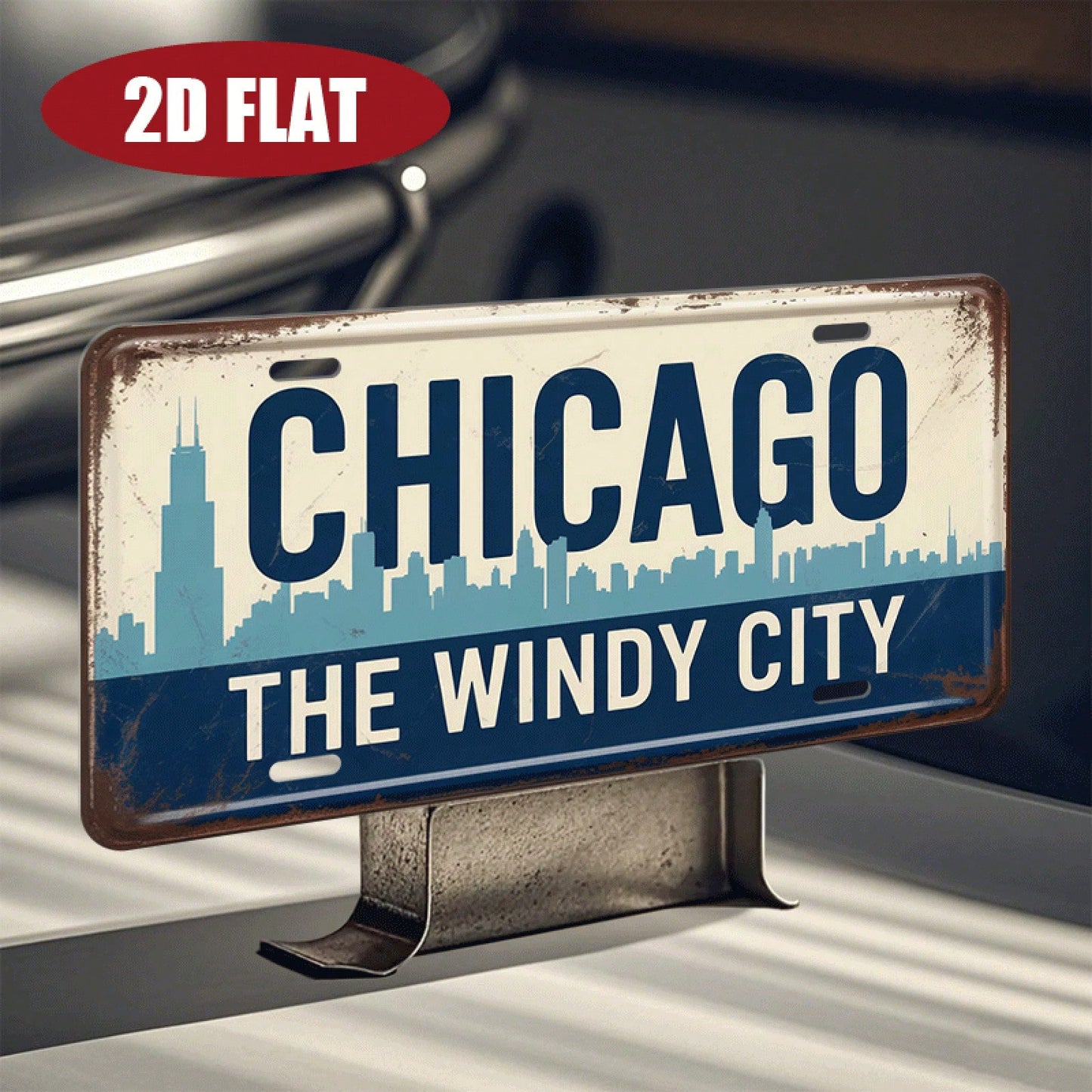 2D Plane- 1 Piece 2D Plane Vintage Aluminum License Plate| Chicago Theme Chicago Windy City & City Skyline Pattern, 12'''', Vintage Decor, Restaurant, Home, Terrace Decoration, Decorative Use Only