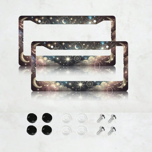 2PC Moon Stars License Plate Frame Colorful Moon Phase License Plate Funny Aluminum Auto Parts Beautiful License Plate Decoration Holes Screws Size 12 X 6