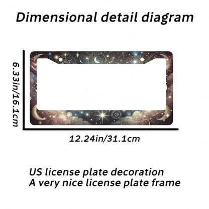 2PC Moon Stars License Plate Frame Colorful Moon Phase License Plate Funny Aluminum Auto Parts Beautiful License Plate Decoration Holes Screws Size 12 X 6
