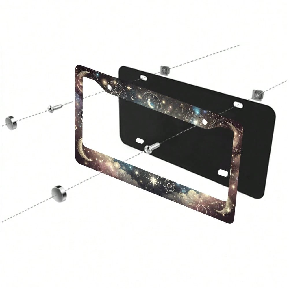 2PC Moon Stars License Plate Frame Colorful Moon Phase License Plate Funny Aluminum Auto Parts Beautiful License Plate Decoration Holes Screws Size 12 X 6