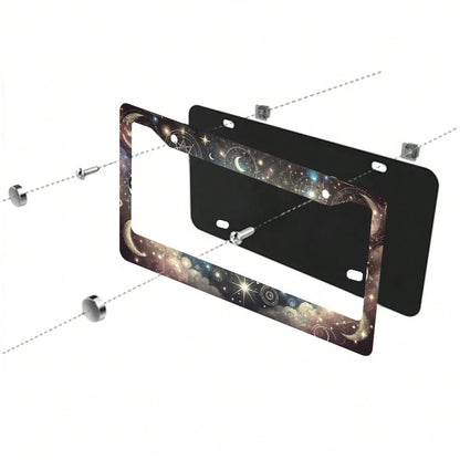 2PC Moon Stars License Plate Frame Colorful Moon Phase License Plate Funny Aluminum Auto Parts Beautiful License Plate Decoration Holes Screws Size 12 X 6