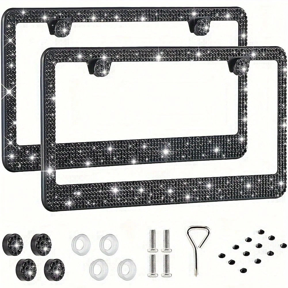 2pcs 2025 Luxury Stainless Steel License Plate Frame With Sparkling Acrylic Rhinestones- Premium 2-Hole Design With Complete Installation Hardware, Heavy Duty 304 Stainless Steel Construction, Anti-F