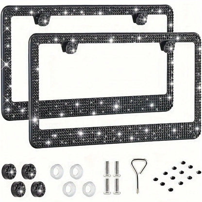 2pcs 2025 Luxury Stainless Steel License Plate Frame With Sparkling Acrylic Rhinestones- Premium 2-Hole Design With Complete Installation Hardware, Heavy Duty 304 Stainless Steel Construction, Anti-F