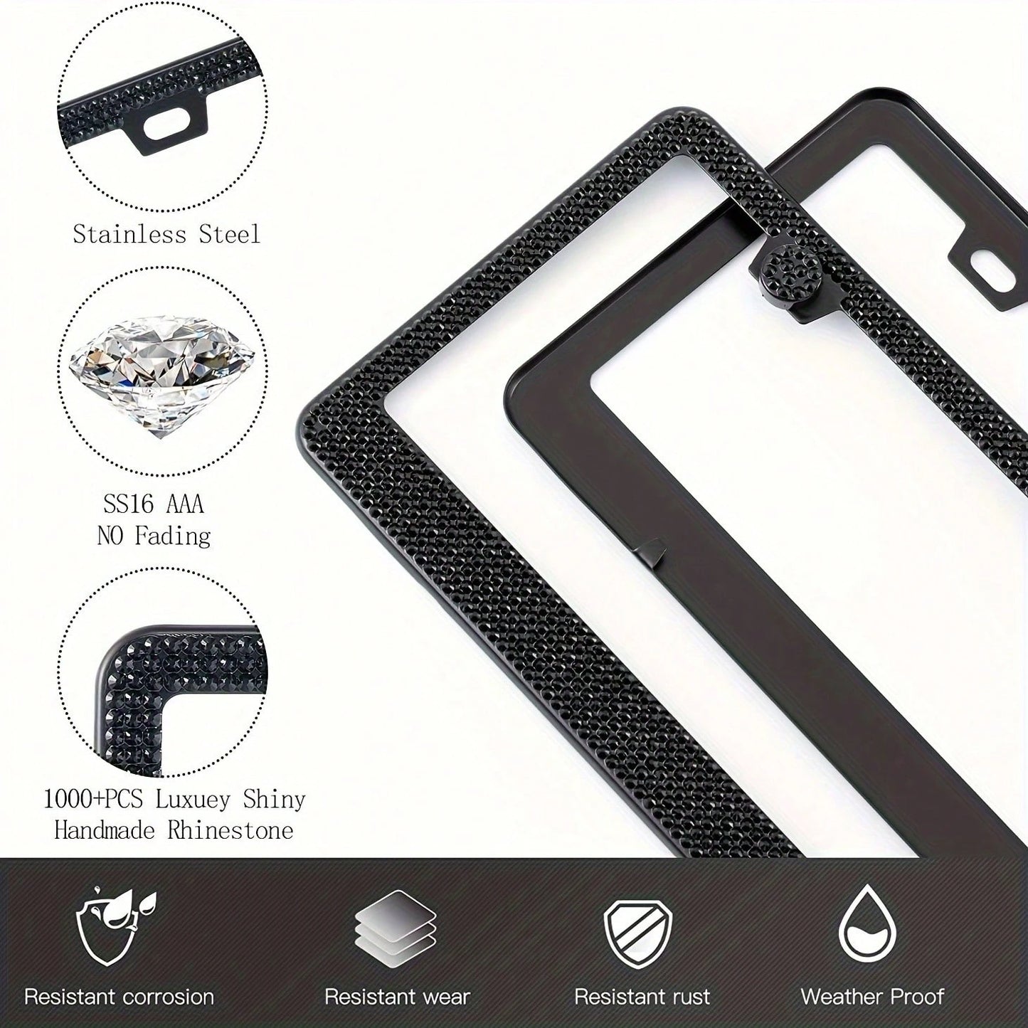 2pcs 2025 Luxury Stainless Steel License Plate Frame With Sparkling Acrylic Rhinestones- Premium 2-Hole Design With Complete Installation Hardware, Heavy Duty 304 Stainless Steel Construction, Anti-F