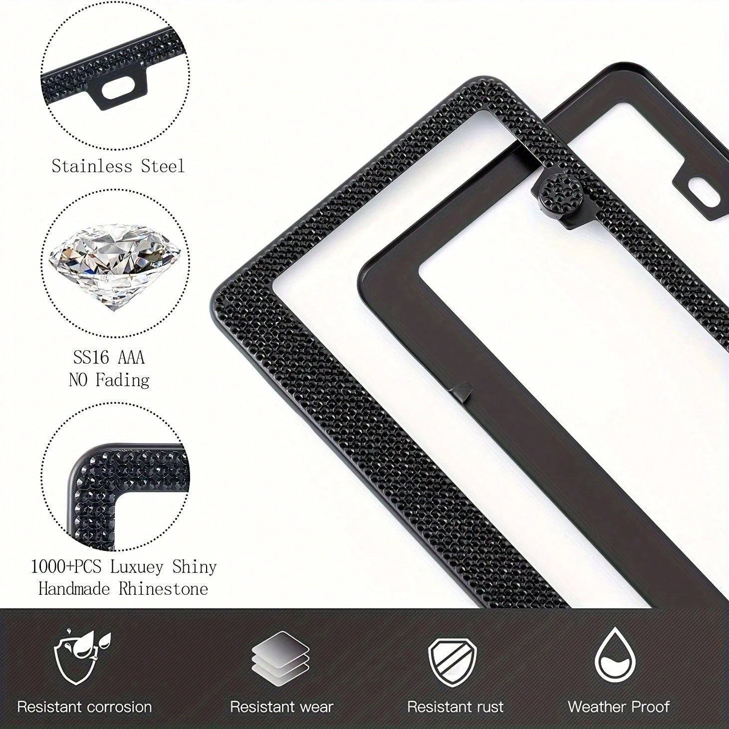 2pcs 2025 Luxury Stainless Steel License Plate Frame With Sparkling Acrylic Rhinestones- Premium 2-Hole Design With Complete Installation Hardware, Heavy Duty 304 Stainless Steel Construction, Anti-F
